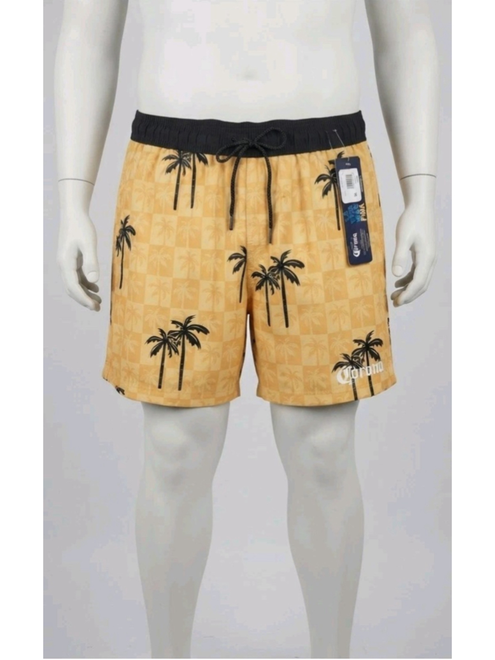 NWT Corona Extra Board Shorts Men's 2XL Yellow Palm Tree Checkerboard Swim Trunk